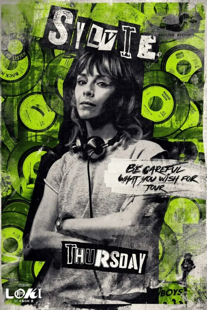 Promotional graphic for Loki, Season 2, designed like an 80s concert tour poster. Sylvie is front and center, wearing headphones around her neck. Text includes "Sylvie" across the top, "Thursday" across the bottom, and "Be Careful What You Wish For Tour" in the middle.