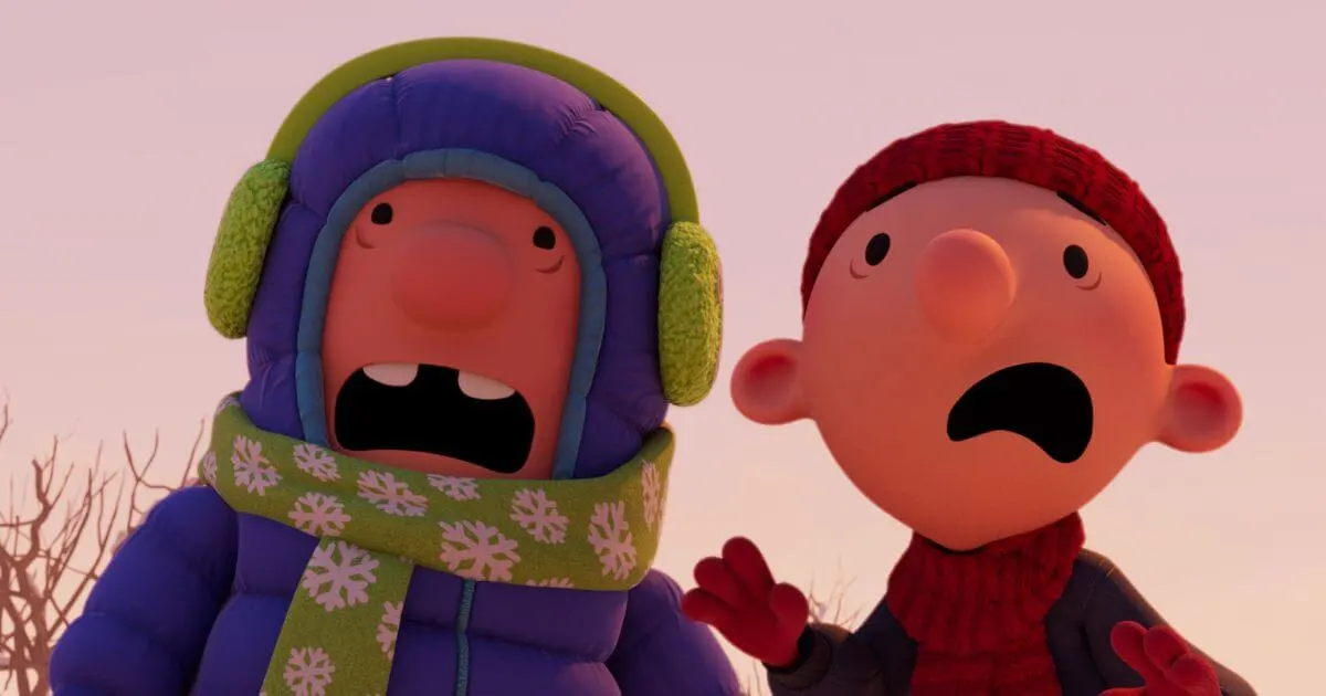 Photo still of (L-R) Rowley (voiced by Spencer Howell) and Greg (voiced by Wesley Kimmel) in Disney’s Diary of a Wimpy Kid Christmas: Cabin Fever.