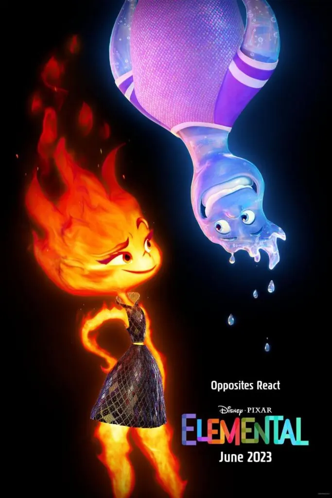 Promotional poster for Disney and Pixar's animated film, Elemental, featuring the characters Ember and Wade.