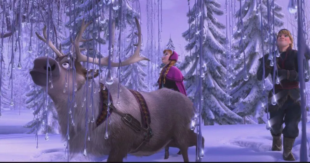 Photo still of (L-R) Sven, Anna, and Kristoff, in the animated Disney movie, Frozen, and the Zenimation Season 1 episode, Explore.