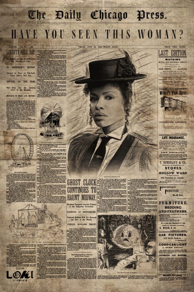 Promotional poster that looks like the front page of the Daily Chicago Press newspaper, featuring a photo of Ravonna Renslayer and an article about a Ghost Clock haunting the fair's Midway.