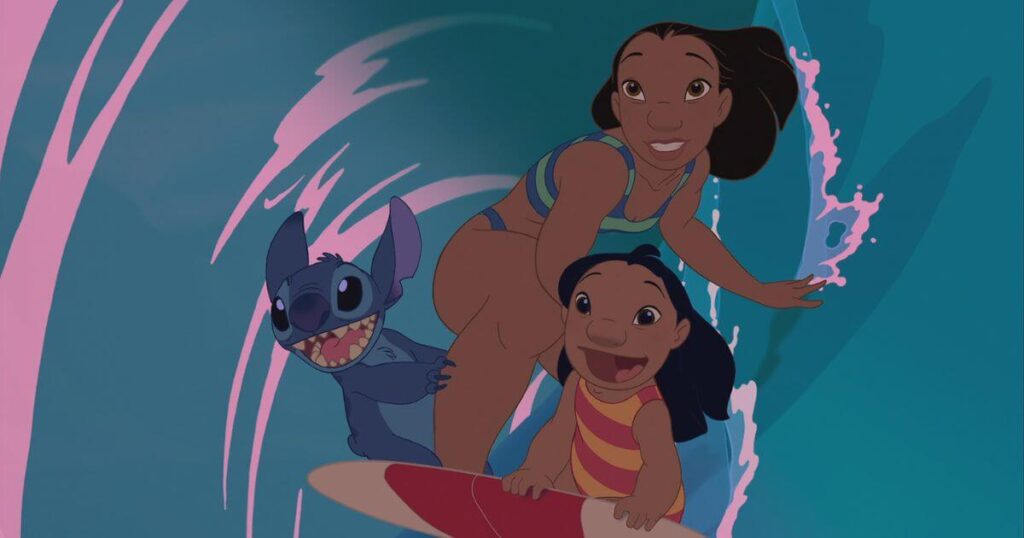Photo still of (L-R) Stitch, Nan, and Lilo balancing on a single surfboard while riding a wave in the animated film, Lilo & Stitch, and Zenimation Season 1 episode, Water Realms.