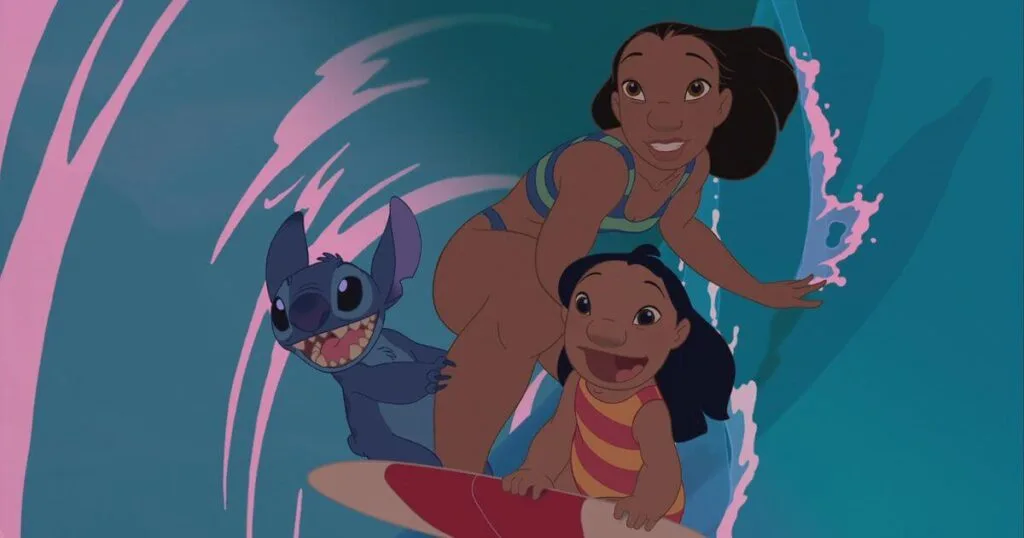 Photo still of (L-R) Stitch, Nan, and Lilo balancing on a single surfboard while riding a wave in the animated film, Lilo & Stitch, and Zenimation Season 1 episode, Water Realms.