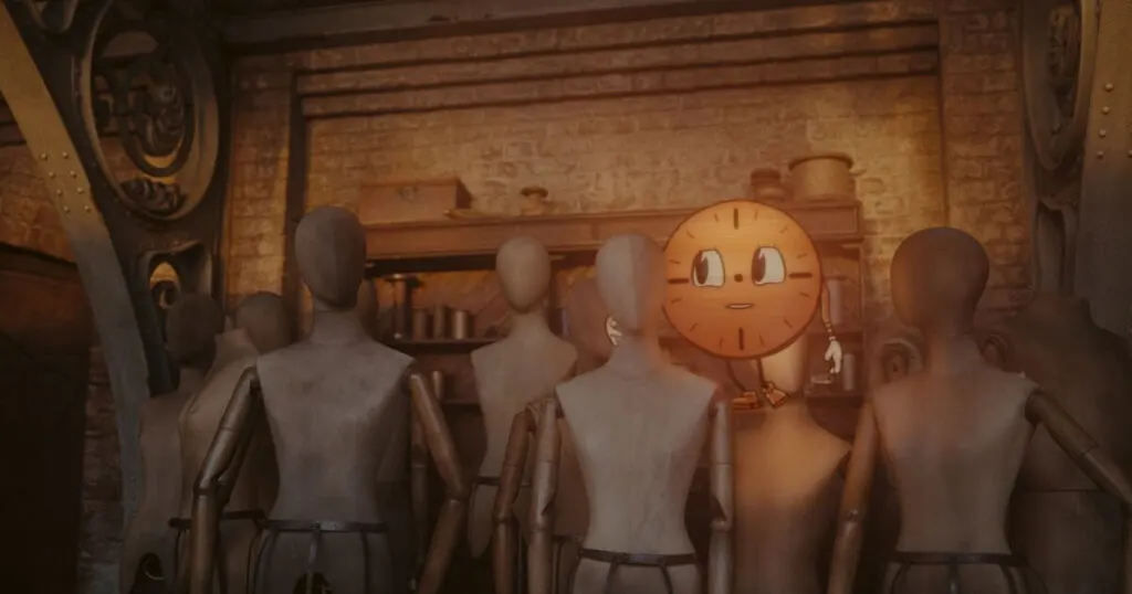 Photo still of Miss Minutes (voiced by Tara Strong) in Victor Timely's Wisconsin lab amongst a group of mannequins in Marvel Studios' LOKI, Season 2, episode 3.