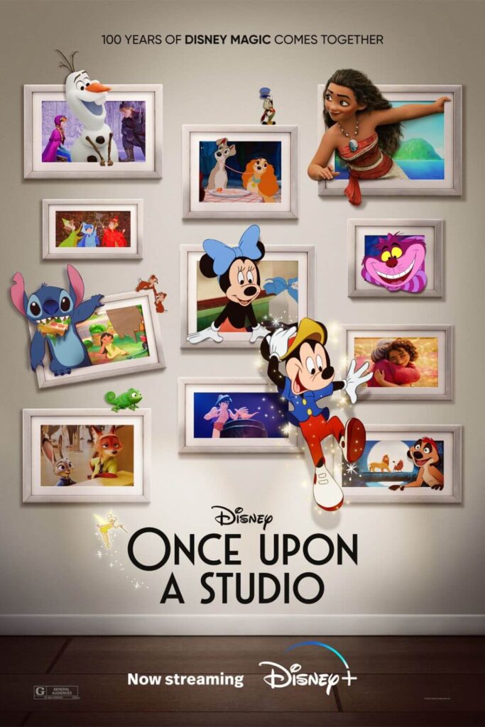 Promotional poster for the new Disney short film, Once Upon a Studio, featuring a variety of characters, such as Minnie, Mickey, Stitch, Moana, Jiminy Cricket, Olaf, the Cheshire Cat, Timon, Aladdin, Nick and Judy Hopps, Chip and Dale, and more.