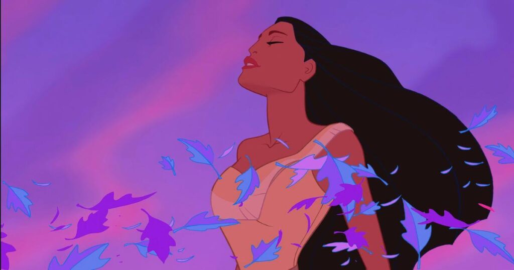 Photo still featuring Pocahontas during the Colors of the Wind scene in the animated film, Pocahontas, and Zenimation Season 1 episode, Nature.