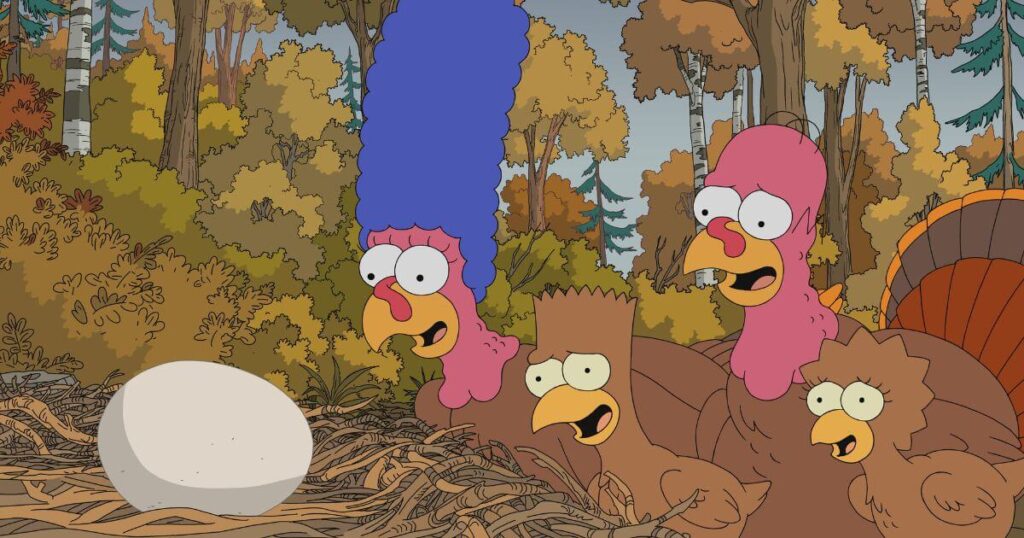 Photo still from The Simpsons episode, Thanksgiving of Horror, featuring (L-R): Marge, Bart, Homer, and Lisa Simpson as turkeys watching an egg in a nest.