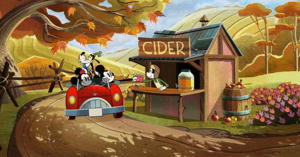 Photo still from The Wonderful Autumn of Mickey Mouse, featuring Mickey, Minnie, and Goofy in a car driving by an apple cider farm stand.