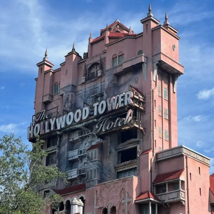 Photo of the exterior of the Tower of Terror ride at Hollywood Studios, showing a dilapidated hotel.