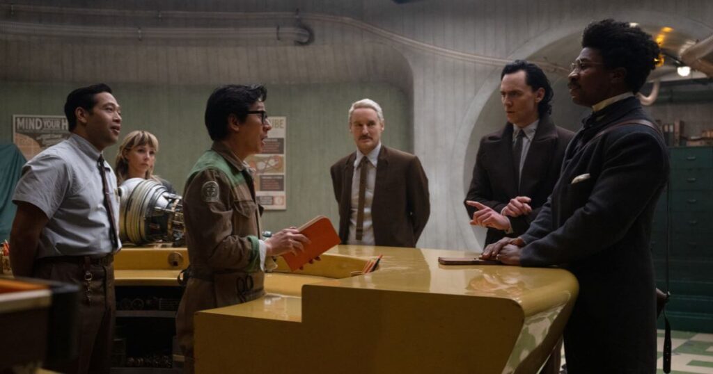 Photo still featuring (L-R): Eugene Cordero as Casey, Sophia Di Martino as Sylvie, Ke Huy Quan as O.B., Owen Wilson as Mobius and Tom Hiddleston as Loki, and Jonathan Majors as Victor Timely in Marvel Studios' LOKI, Season 2, Episode 4.