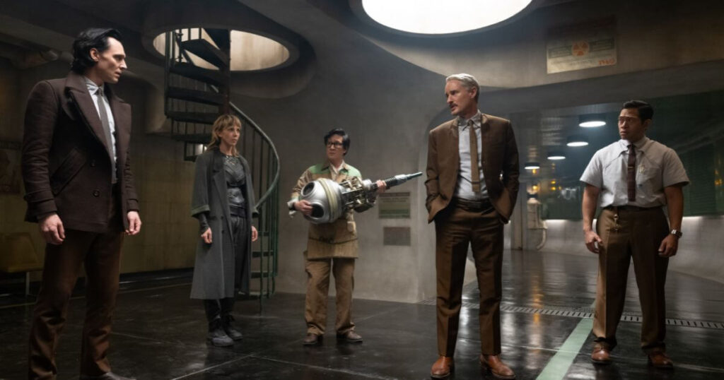 Photo still featuring (L-R): Tom Hiddleston as Loki, Sophia Di Martino as Sylvie, Ke Huy Quan as O.B., Owen Wilson as Mobius, and Eugene Cordero as Casey in Marvel Studios' LOKI, Season 2, episode 4, Heart of the TVA.