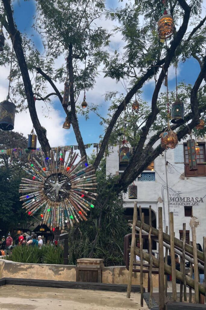 Photo of Christmas decor in the Africa section of Disney's Animal Kingdom.