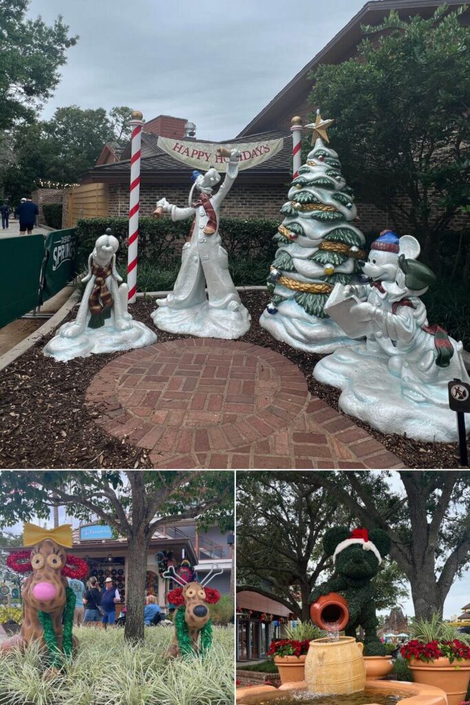 Photo collage with 3 square photos (L-R clockwise): faux snow sculpture with Pluto, Goofy, Mickey & Donald, a Santa Mickey topiary fountain, and moose made from faux peanuts.