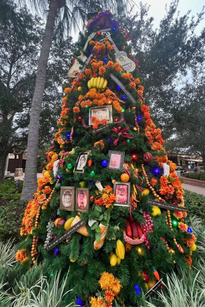 Photo of the ofrenda-like Coco-themed Christmas tree in Disney Springs.
