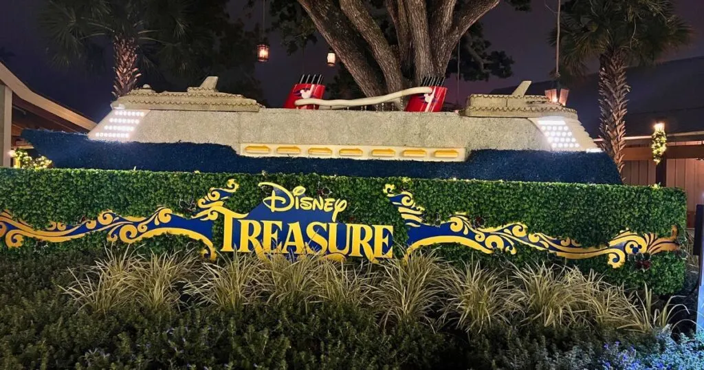 Photo of a massive Disney Cruise Line topiary of the Disney Treasure cruise ship.