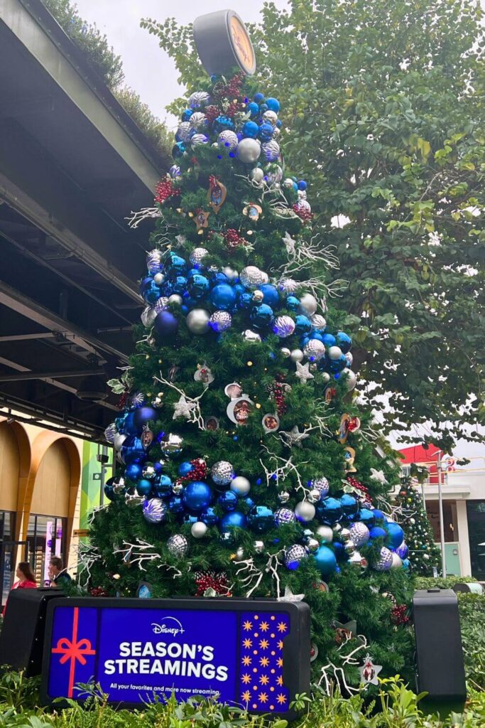 Photo of the Disney+ themed Christmas tree in Disney Springs.