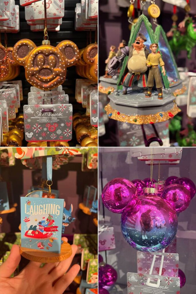 Photo collage with 4 vertical photos of Christmas ornaments (L-R, clockwise): Mickey pretzel, Atlantis, pink and blue Mickey head, and Stitch with a Christmas card.