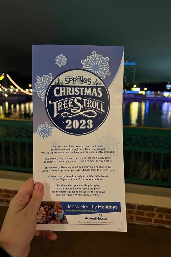 Photo of the Disney Springs Christmas Tree Stroll 2023 map.