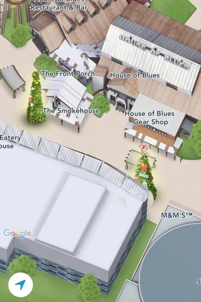 Screenshot of the Disney Springs map with the Christmas Tree Trail from the My Disney Experience app.