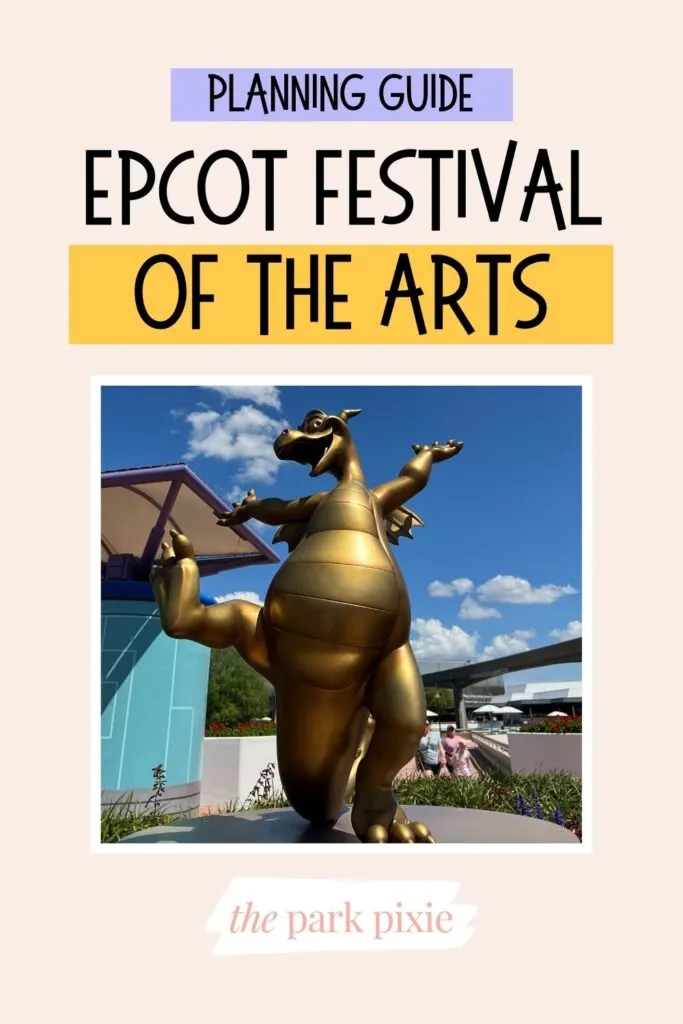 Custom graphic with a photo of a gold Figment statue at Epcot. Text above the photo reads: Planning Guide - Epcot Festival of the Arts.
