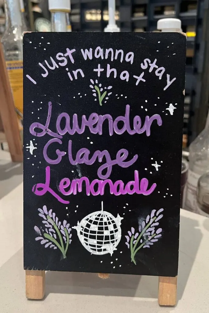 Photo of a sign for Everglazed's Lavender Glaze Lemonade.