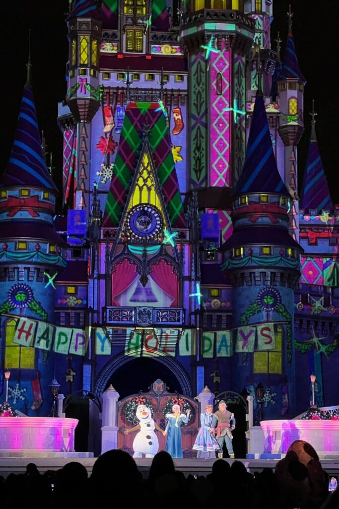 Photo of a scene from the Frozen Holiday Surprise stage show at Magic Kingdom during the Christmas season.
