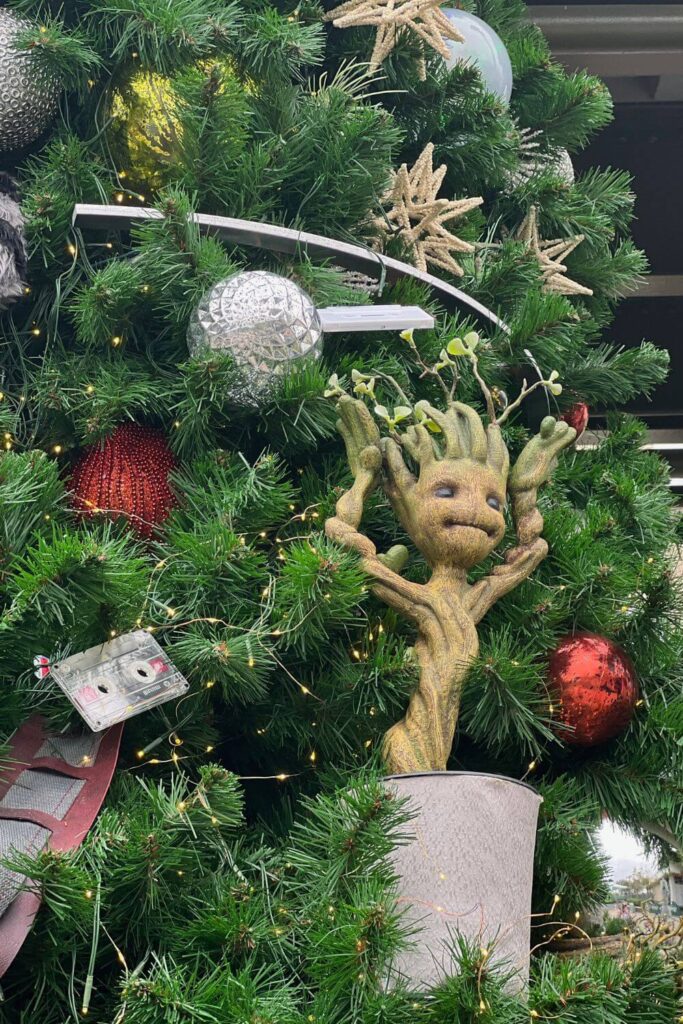 Closeup of a Groot ornament on a Guardians of the Galaxy themed Christmas tree.