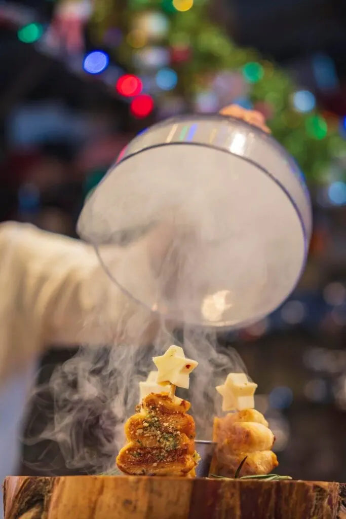 Photo of the O'Ham n Cheese Trees appetizers from Jock Lindsey's Holiday Bar in Disney Springs.