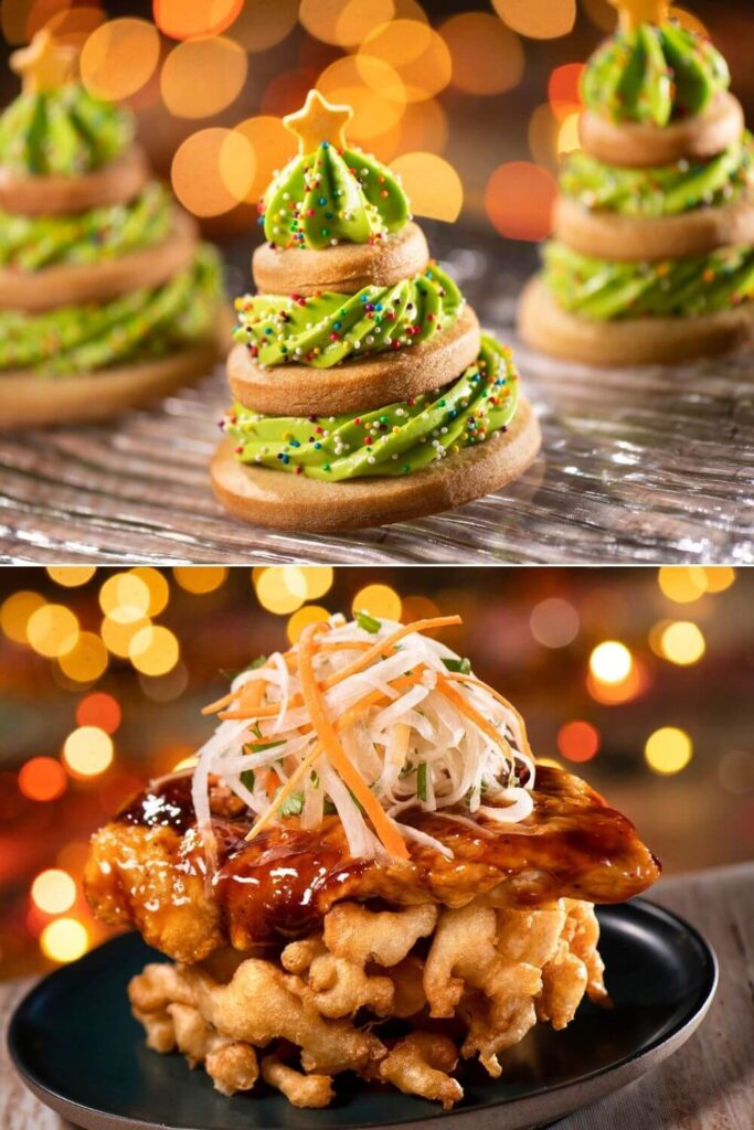 Vertical image with 2 horizontal photos (top to bottom): A trio of cookies stacked like a Christmas tree with green frosting in between layers and a mini funnel cake with Korean fried chicken and slaw.