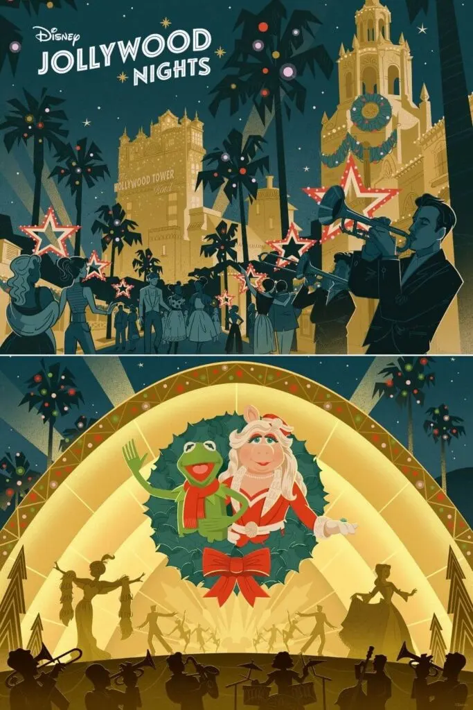 Vertical graphic with 2 horizontal images (top to bottom): Artist rendering of a poster for Disney Jollywood Nights and an artist rendering of the Holidays in Hollywood show with Kermit and Miss Piggy in a wreath in the middle and shadows of Tiana and Belle below them.
