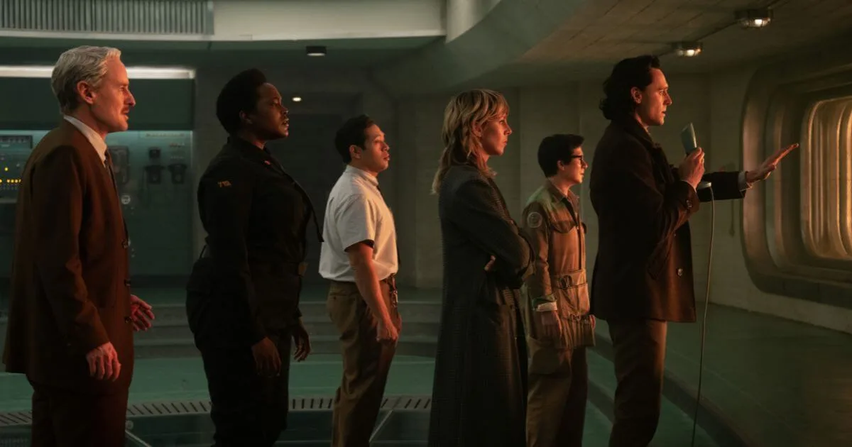 Photo still featuring (L-R): Owen Wilson as Mobius, Wunmi Mosaku as Hunter B-15, Eugene Cordero as Casey, Sophia Di Martino as Sylvie, Ke Huy Quan as O.B., and Tom Hiddleston as Loki in Marvel Studios' LOKI, Season 2, episode 6.