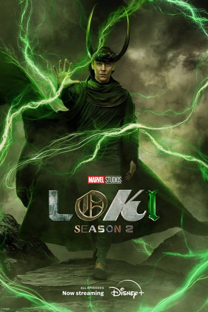 Promotional poster for Season 2 of Marvel Studios' Loki on Disney+, with Loki in a traditional outfit with horns and green lightning bolts.