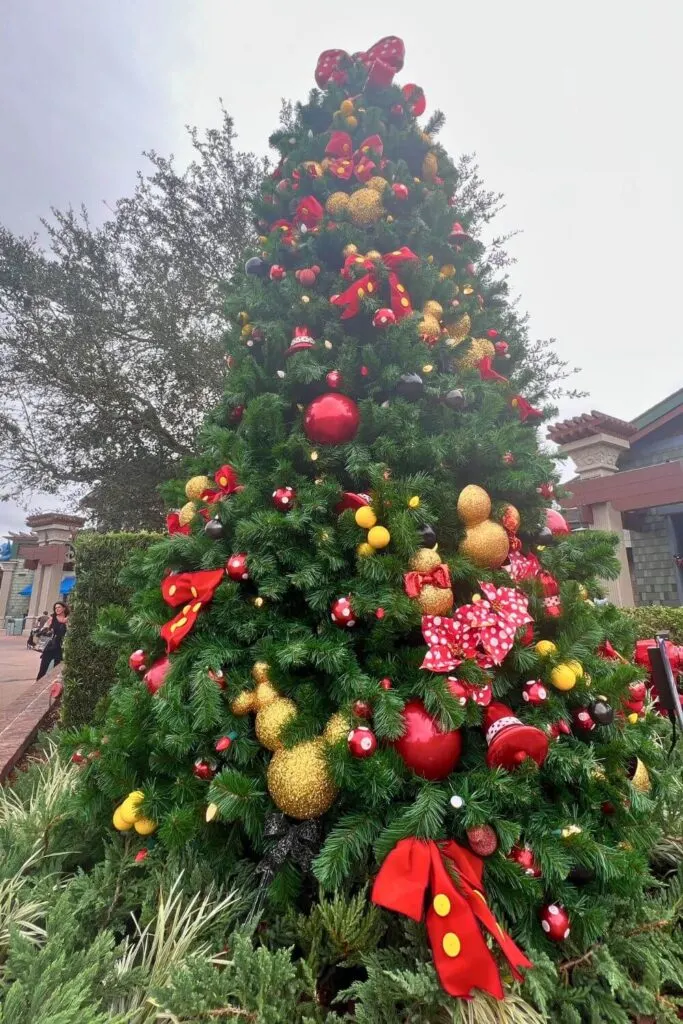 Photo of a Minnie and Mickey Mouse themed Christmas Tree in Disney Springs.