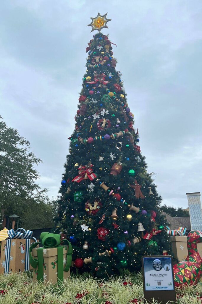 Photo of a classic toy-themed tree in Disney Springs' Marketplace neighborhood.