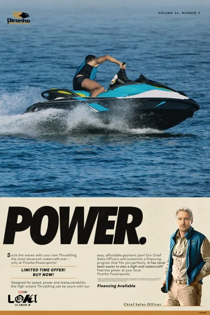 Fake promotional poster for jet skis from Piranha Power Sports, featuring Owen Wilson as Don, aka Mobius, in the Disney+ series, Loki.