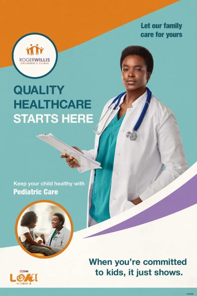 Fake promotional poster for Roger Willis Children's Clinic, featuring Wunmi Musaku as Dr. Willis, aka Hunter B-15, in the Disney+ series, Loki.