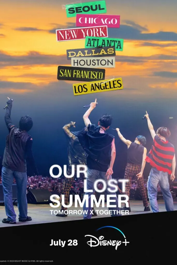 Promotional poster for the Disney+ documentary, Our Lost Summer - Tomorrow x Together, about a KPop band on tour after 2020.