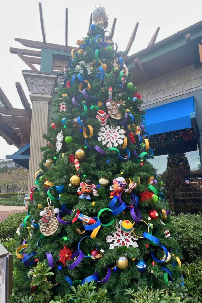 Photo of the Toy Story Christmas tree outside World of Disney in Disney Springs.