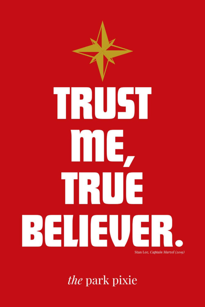 Custom graphic with a dark red background and white letters that say: Trust me, true believer