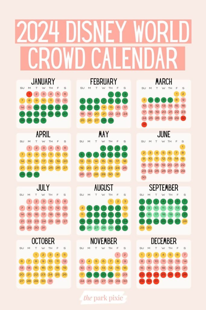 Custom graphic with a crowd calendar for Disney World in 2024, showing least busy to most busy days for each day of the year, with an off white background. Above the months, text reads: 2024 Disney World Crowd Calendar.