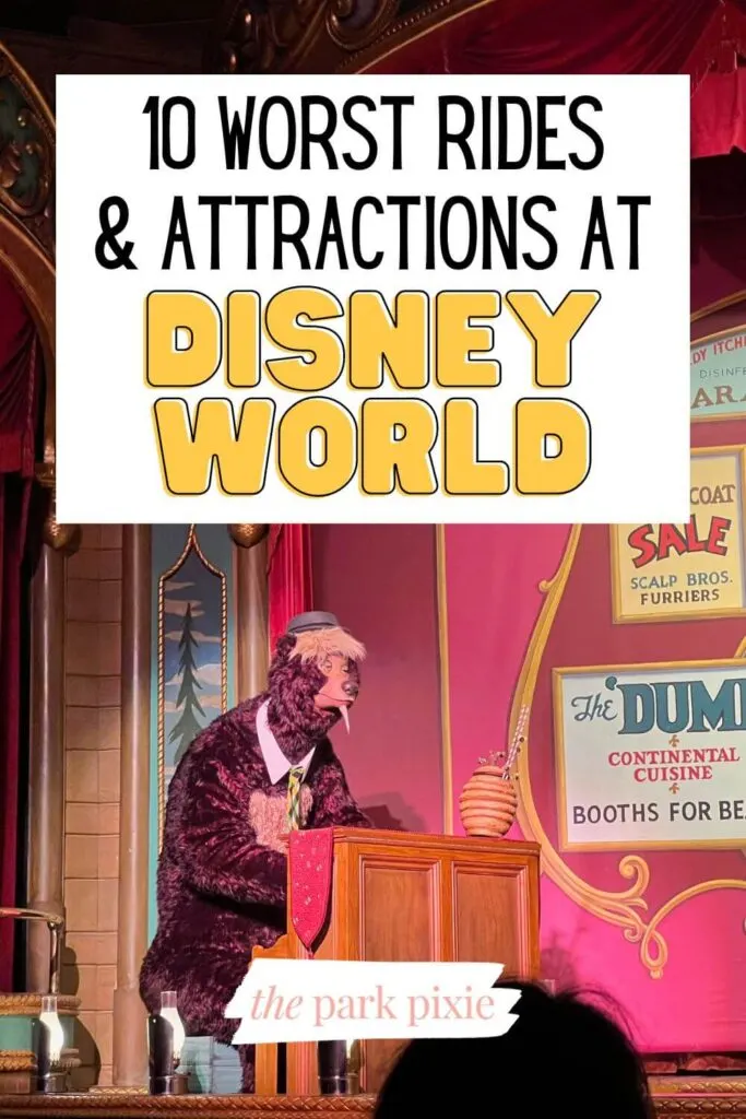 Photo of a scene from Country Bears Jamboree at Magic Kingdom. Text overlay reads: 10 Worst Rides & Attractions at Disney World.
