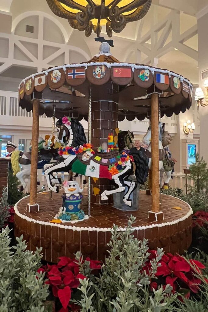 Photo of the 2023 Duck Tales themed gingerbread carousel at Disney's Beach Club Resort.