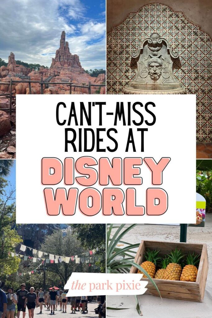 Custom graphic with 4 vertical photos of attractions and rides at Disney World (Big Thunder Mountain Railroad, Tower of Terror, Living with the Land, and Expedition Everest). Text in the middle reads: Can't-Miss Rides at Disney World.