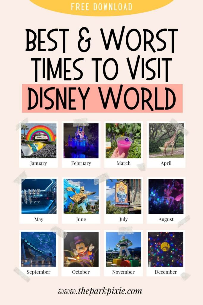 Custom graphic with 12 photos of Disney World, one for each month of the year. Text above the photos reads: FREE DOWNLOAD - Best & Worst Times to Visit Disney World.