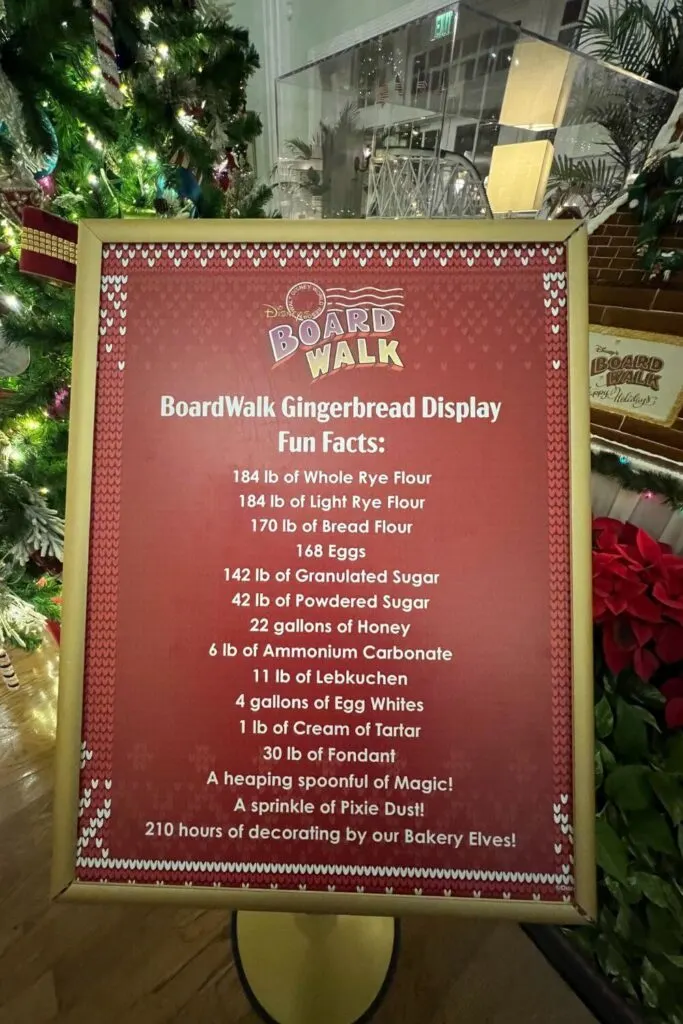 Photo of signage with facts about the gingerbread house at Disney's BoardWalk Inn.