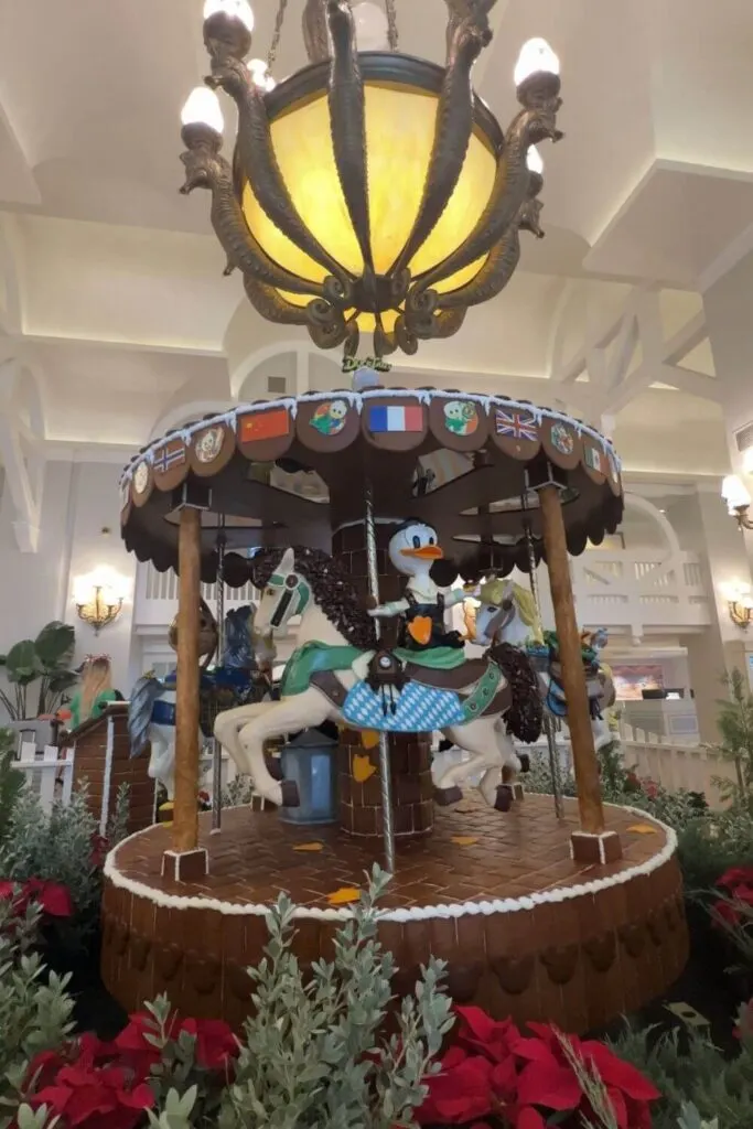 Photo of a DuckTales themed carousel made from gingerbread at Disney's Beach Club Resort.