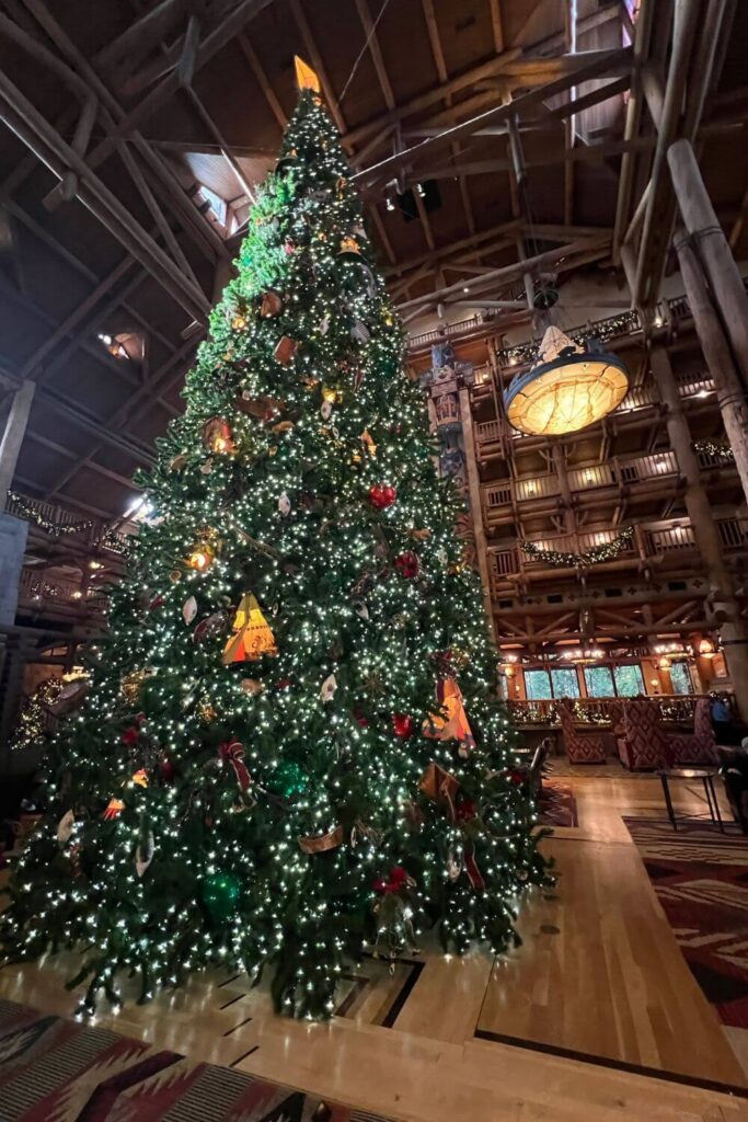 Photo of the main Christmas tree at Disney's Wilderness Lodge.