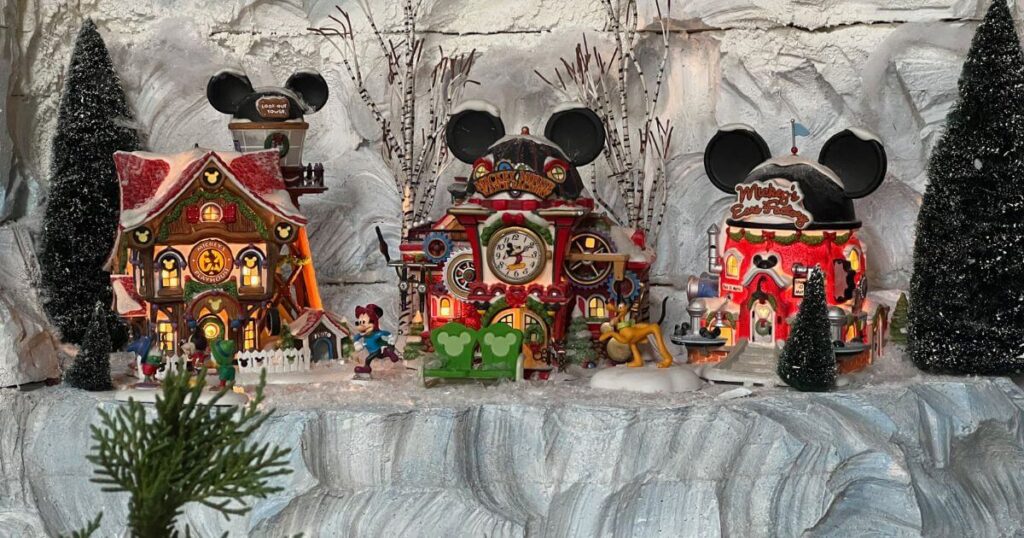 Closeup of the Christmas village on display at Disney World's Yacht Club Resort.
