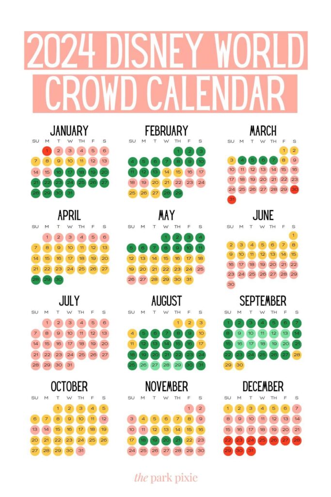Custom graphic with a crowd calendar for Disney World in 2024, showing least busy to most busy days for each day of the year, with a white background. Above the months, text reads: 2024 Disney World Crowd Calendar.