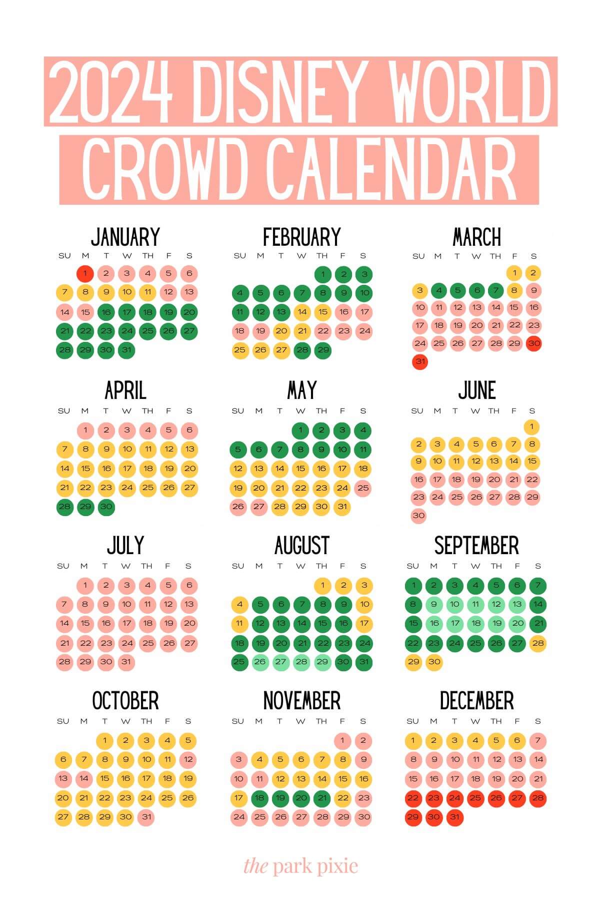 Custom graphic with a crowd calendar for Disney World in 2024, showing least busy to most busy days for each day of the year, with a white background. Above the months, text reads: 2024 Disney World Crowd Calendar.